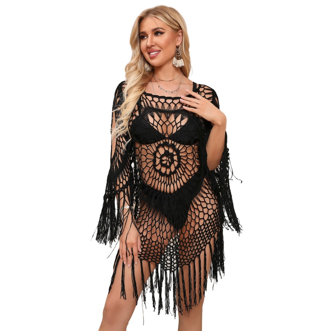 Crochet Knit Hollow Tassel Beach Cover Up Dress Boho Swimsuit Cover Up Summer